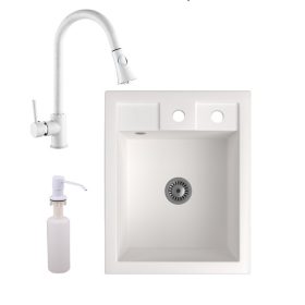   Gránit Mosogató NERO Parma + kihúzható zuhanyfejes Snake csaptelep + adagoló + szifon (fehér)