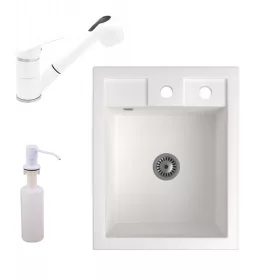   Gránit Mosogató NERO Parma + kihúzható zuhanyfejes Shower csaptelep + adagoló + szifon (fehér)