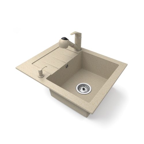 Gránit mosogatótálca NERO Monza + kihúzható zuhanyfejes Shower csaptelep + adagoló (bézs)