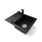   Gránit mosogatótálca NERO Monza + kihúzható zuhanyfejes Shower csaptelep + adagoló (matt fekete)