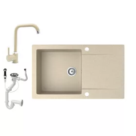   Gránit mosogató NERO Gold + Steel csaptelep + dugókiemelő (bézs)