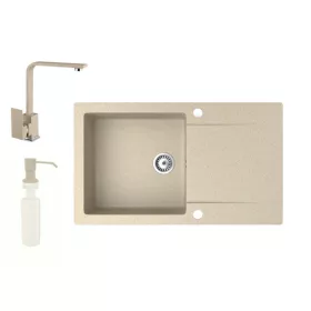   Gránit mosogató NERO Gold + Design csaptelep + adagoló (bézs)