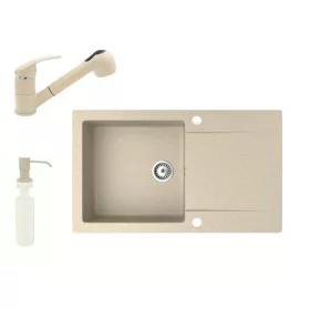   Gránit mosogató NERO Gold + kihúzható zuhanyfejes Shower csaptelep + adagoló (bézs)