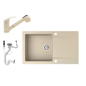   Gránit mosogató NERO Gold + kihúzható zuhanyfejes Shower csaptelep + dugókiemelő (bézs)