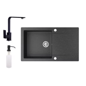   Gránit mosogató NERO Gold + Design csaptelep + adagoló (fekete)