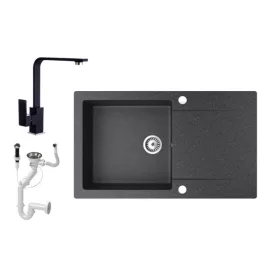   Gránit mosogató NERO Gold + Design csaptelep + dugókiemelő (fekete)