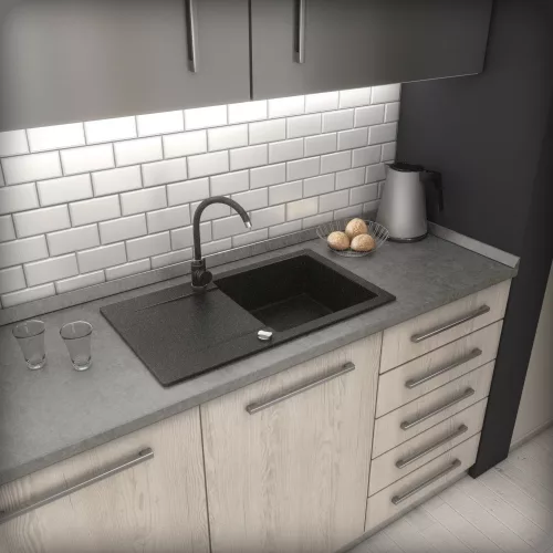 Gránit mosogató NERO Gold + Design csaptelep + dugókiemelő (fekete)
