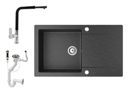 Gránit mosogató NERO Gold + kihúzható Linea csaptelep + dugókiemelő (fekete)
