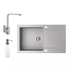   Gránit mosogató NERO Gold + Design csaptelep + adagoló (szürke)