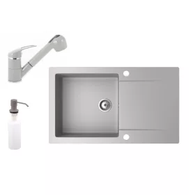   Gránit mosogató NERO Gold + kihúzható zuhanyfejes Shower csaptelep + adagoló (szürke)
