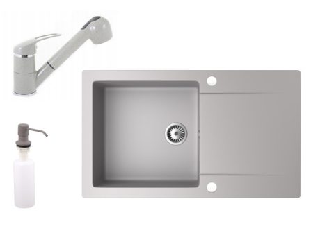 Gránit mosogató NERO Gold + kihúzható zuhanyfejes Shower csaptelep + adagoló (szürke)