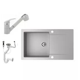   Gránit mosogató NERO Gold + kihúzható zuhanyfejes Shower csaptelep + dugókiemelő (szürke)
