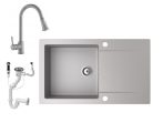   Gránit mosogató NERO Gold + kihúzható zuhanyfejes Snake csaptelep + dugókiemelő (szürke)