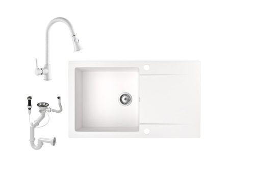 Gránit mosogató NERO Gold + kihúzható zuhanyfejes Snake csaptelep + dugókiemelő (fehér)