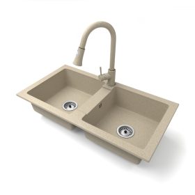   Gránit mosogató NERO Lybra + kihúzható zuhanyfejes Snake csaptelep + szifon (bézs)