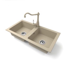   Gránit mosogató NERO Lybra + Vintage csaptelep + szifon (bézs)