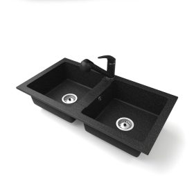   Gránit mosogató NERO Lybra + kihúzható zuhanyfejes Shower csaptelep + szifon (fekete)