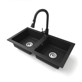   Gránit mosogató NERO Lybra + kihúzható zuhanyfejes Snake csaptelep + szifon (fekete)