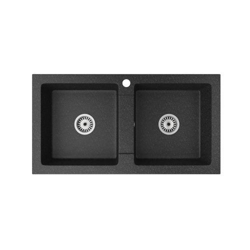 Gránit mosogató NERO Lybra + kihúzható zuhanyfejes Snake csaptelep + szifon (fekete)