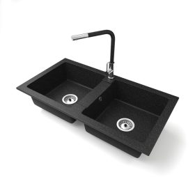   Gránit mosogató NERO Lybra + kihúzható Linea csaptelep + szifon (fekete)