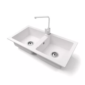   Gránit mosogató NERO Lybra + Design csaptelep + szifon (fehér)