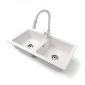   Gránit mosogató NERO Lybra + kihúzható zuhanyfejes Snake csaptelep + szifon (fehér)