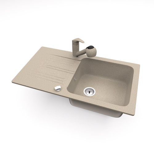 Gránit mosogató NERO Malta + kihúzható zuhanyfejes Shower csaptelep + dugókiemelő (bézs)