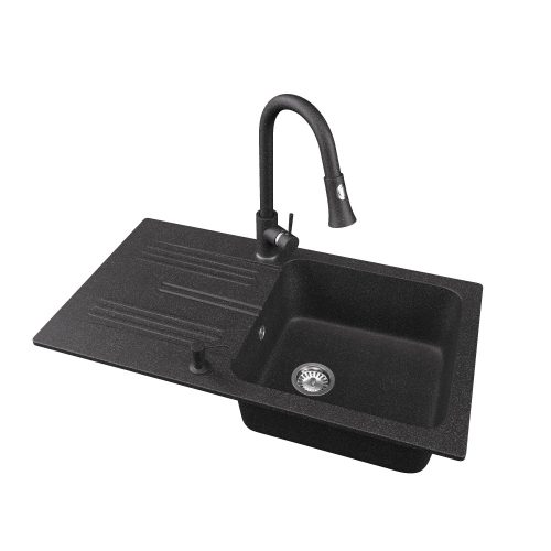 Gránit mosogató NERO Malta + kihúzható zuhanyfejes Snake csaptelep + adagoló (fekete)