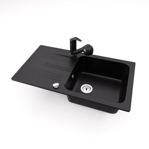 Gránit mosogató NERO Malta + kihúzható zuhanyfejes Shower csaptelep + dugókiemelő (matt fekete)