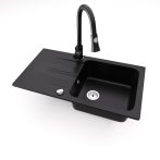   Gránit mosogató NERO Malta + kihúzható zuhanyfejes Snake csaptelep + dugókiemelő (matt fekete)