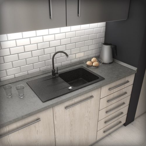 Gránit mosogató NERO Malta + Design csaptelep + dugókiemelő (fekete)x