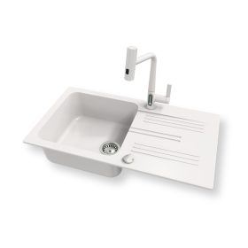   Gránit mosogató NERO Malta + Welland-3428 okoscsaptelep + dugókiemelő (fehér)