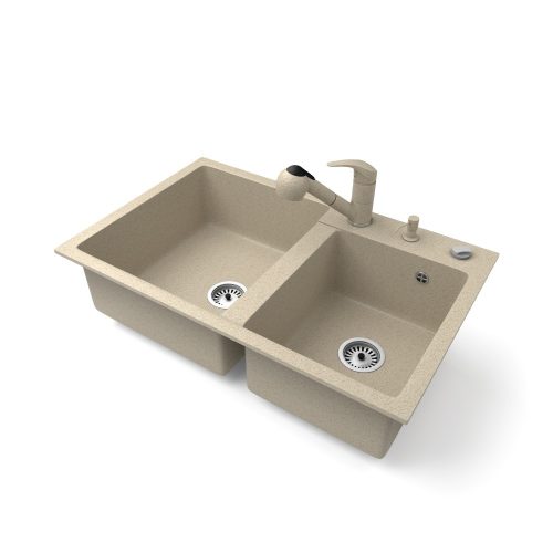 Gránit mosogatótálca NERO Palazzo + kihúzható zuhanyfejes Shower csaptelep + adagoló + dugókiemelő (bézs)