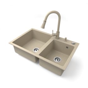   Gránit mosogatótálca NERO Palazzo + kihúzható zuhanyfejes Snake csaptelep + adagoló + dugókiemelő (bézs)