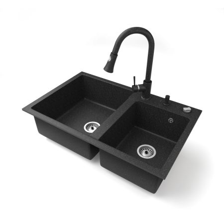 Gránit mosogatótálca NERO Palazzo + kihúzható zuhanyfejes Snake csaptelep + adagoló + dugókiemelő (fekete)