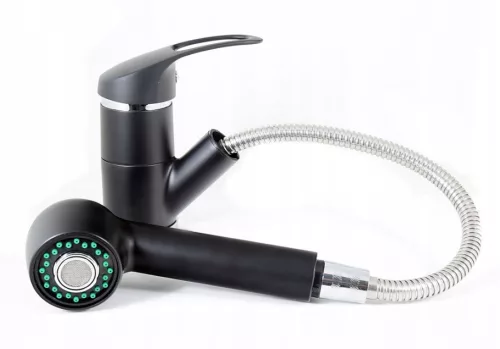 Gránit mosogatótálca NERO Palazzo + kihúzható zuhanyfejes Shower csaptelep + adagoló (matt fekete)