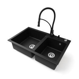   Gránit mosogatótálca NERO Palazzo + Duo-Flex csaptelep + adagoló + dugókiemelő (matt fekete)