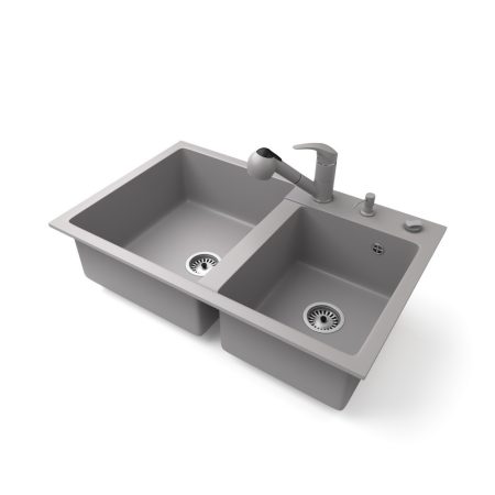 Gránit mosogatótálca NERO Palazzo + kihúzható zuhanyfejes Shower csaptelep + adagoló + dugókiemelő (szürke)