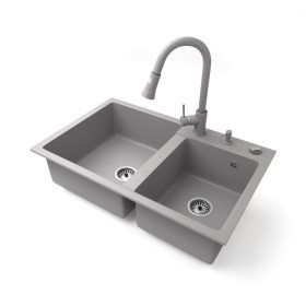   Gránit mosogatótálca NERO Palazzo + kihúzható zuhanyfejes Snake csaptelep + adagoló + dugókiemelő (szürke)