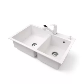   Gránit mosogatótálca NERO Palazzo + kihúzható zuhanyfejes Shower csaptelep + adagoló (fehér)