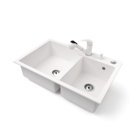 Gránit mosogatótálca NERO Palazzo + kihúzható zuhanyfejes Shower csaptelep + adagoló + dugókiemelő (fehér)