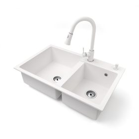   Gránit mosogatótálca NERO Palazzo + kihúzható zuhanyfejes Snake csaptelep + adagoló + (fehér)