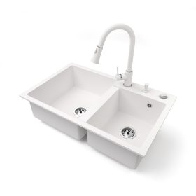   Gránit mosogatótálca NERO Palazzo + kihúzható zuhanyfejes Snake csaptelep + adagoló + dugókiemelő (fehér)