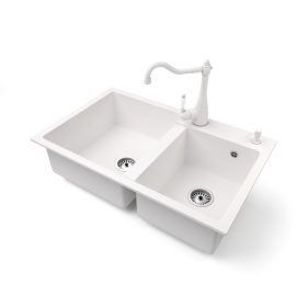   Gránit mosogatótálca NERO Palazzo + Retro csaptelep + adagoló (fehér)