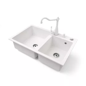   Gránit mosogatótálca NERO Palazzo + Retro csaptelep + adagoló + dugókiemelő (fehér)