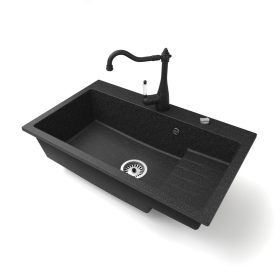 Gránit mosogató NERO Malta + Design csaptelep + dugókiemelő (fekete)