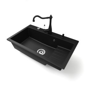   Gránit mosogatótálca NERO Boss + Vintage csaptelep + adagoló + dugókiemelő (matt fekete)