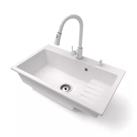   Gránit mosogatótálca NERO Boss + kihúzható Snake csaptelep + adagoló + dugókiemelő (fehér)