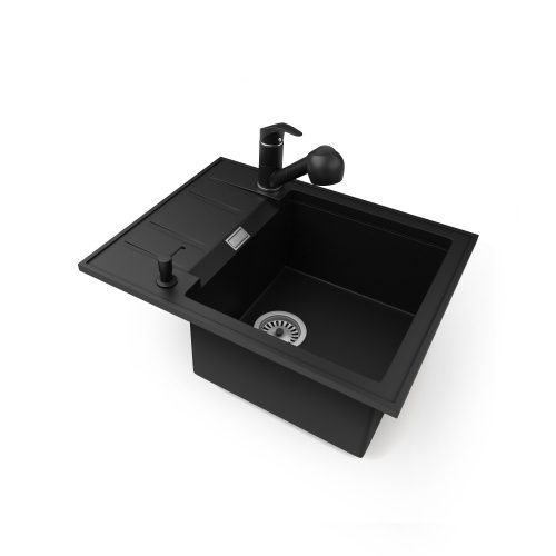 Gránit mosogatótálca NERO Studio + kihúzható zuhanyfejes Shower csaptelep + adagoló (matt fekete)