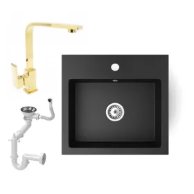   Gránit mosogató NERO Uno + Design Gold csaptelep (matt fekete)